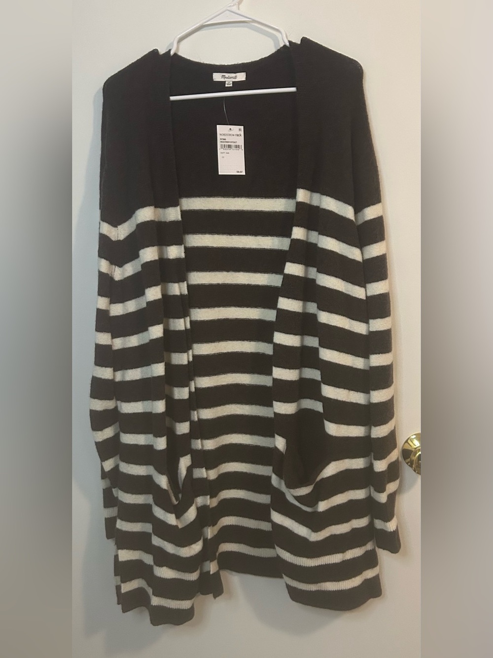 MADEWELL 2X Striped Open-Front Dark Brown & Off White Cardigan Cozy Cottagecore